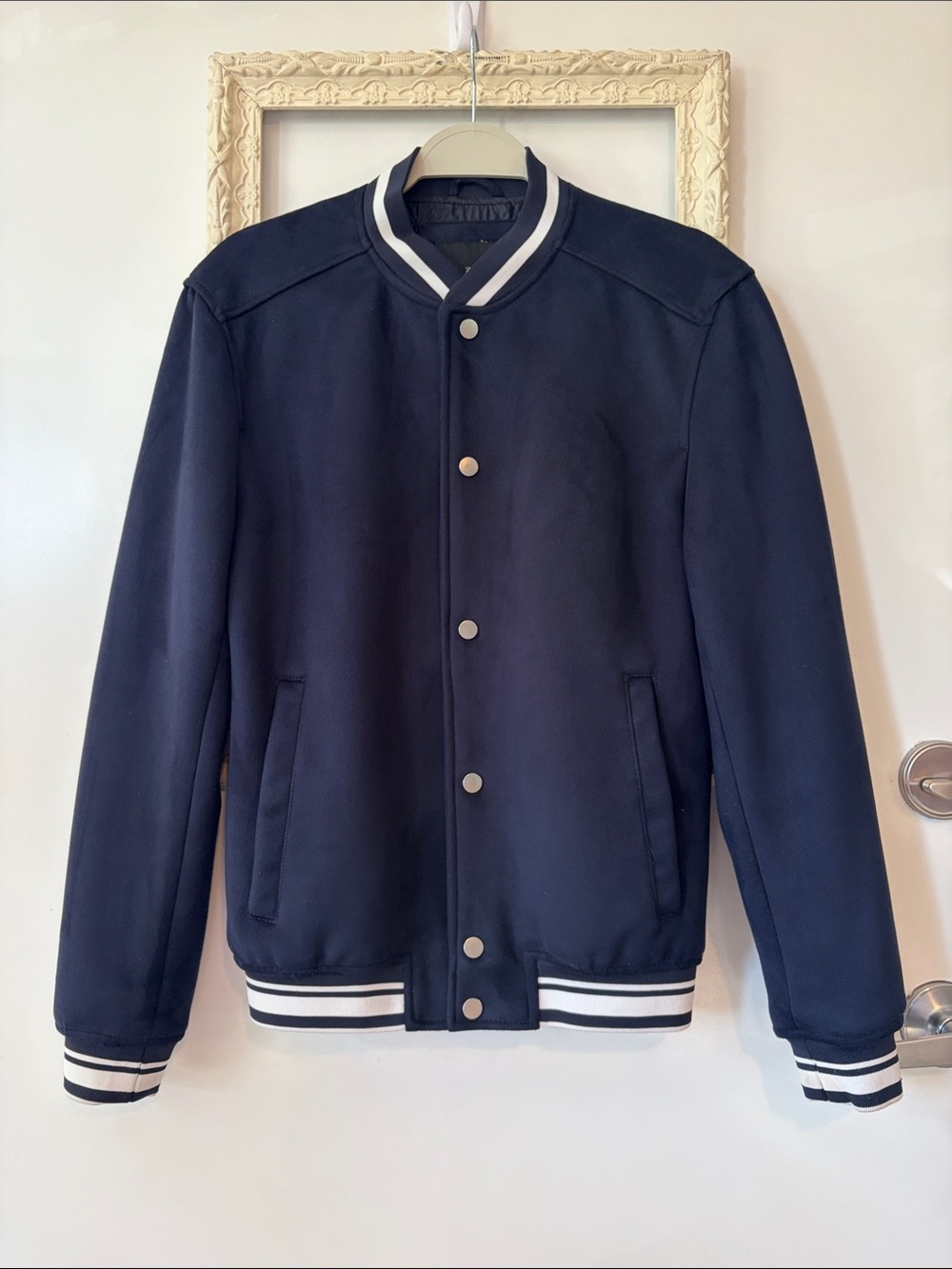 ZARA | Water Repellent Faux Suede Navy Bomber Jacket with White Trim